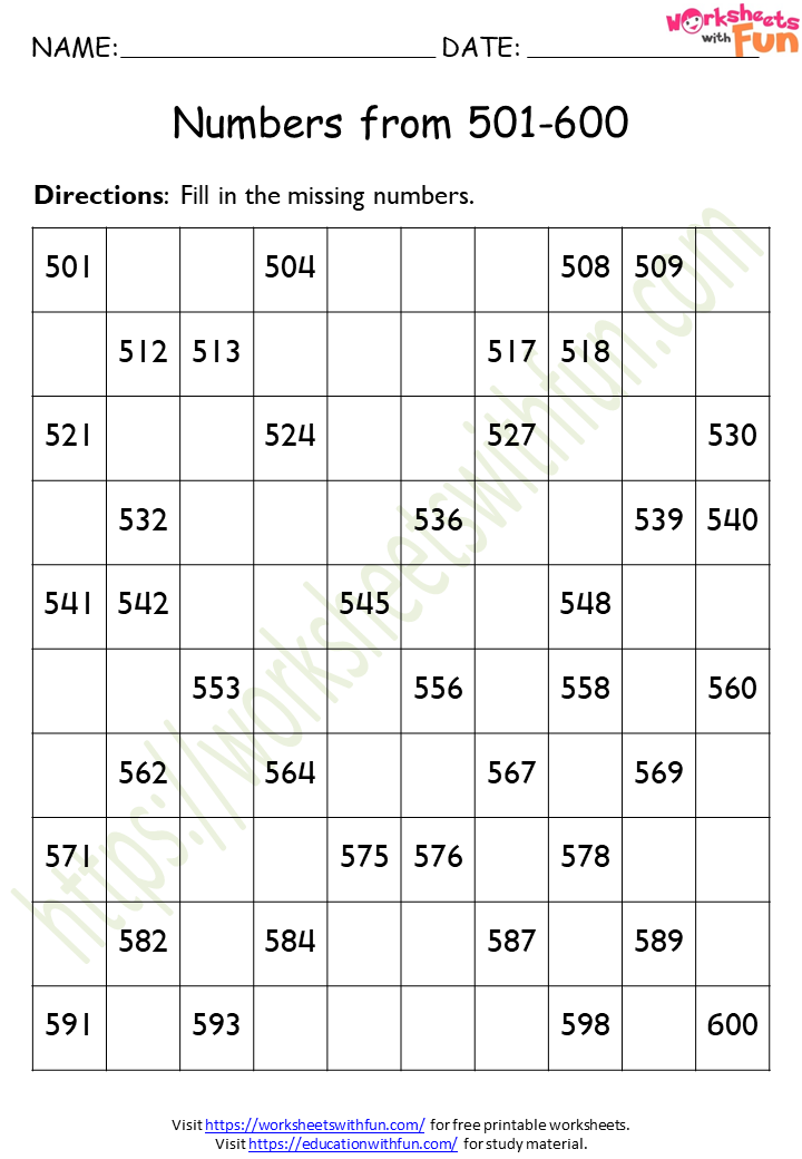 Maths Class 1 Missing Numbers 501 600 WWF